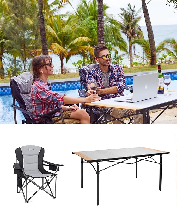 KingCamp Oversized Camping Folding Chair Heavy Duty 450 LBS with Lumbar Support&ampFolding Camping Table Aluminum Roll-Up Camp Table