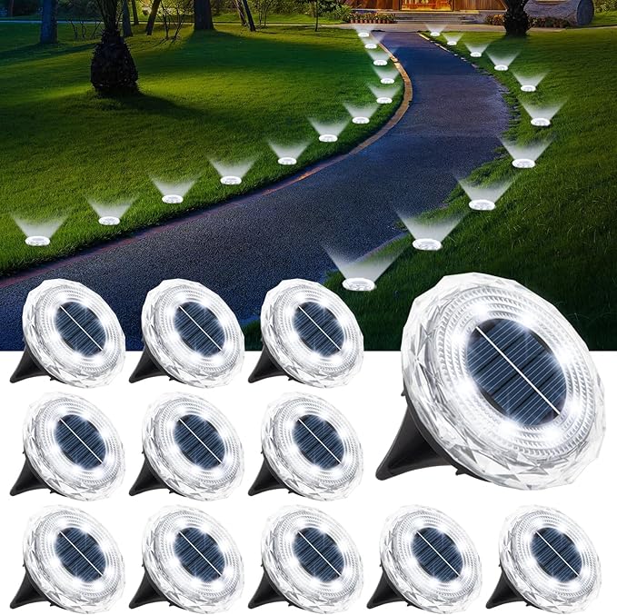 echosari Solar Ground Lights 12 Pack Upgraded Solar Garden Lights Auto ON/Off Landscape Lighting Outdoor In-Ground Lights Waterproof Long Lasting for Pathway Walkway Patio (Cool White)