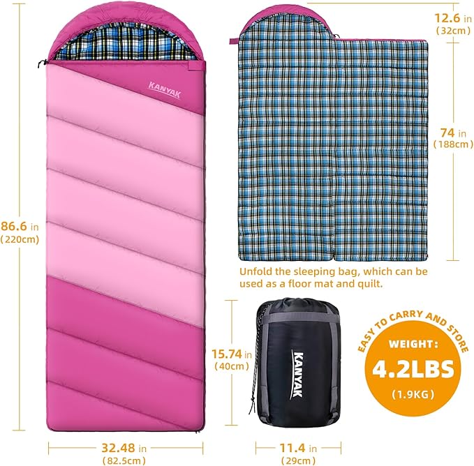 Cotton Flannel Lined Sleeping Bag for Adults Teens Kids Cold Weather &amp Warm 3 Seasons Lightweight Compact Camping Essentials Equipment Hiking Outdoor Travel