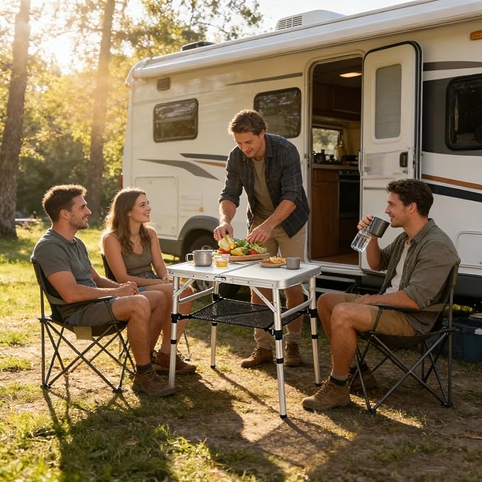 Small Folding Camping Table 2ft Portable Table with 3 Adjustable Heights Aluminum Lightweight Foldable Picnic Table with Mesh Layer and Extension Legs for RV BBQ and Indoor (Silver)