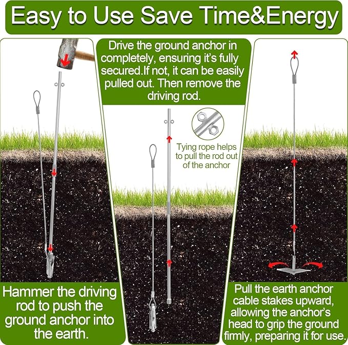 Ground Earth Anchors 35“X 1/8 for Shedswith Drive Rod Tool Galvanized Cable for Securing Camping Tents Swing Set Green House 12 Pack Single Layer Earth Anchors for Trapping