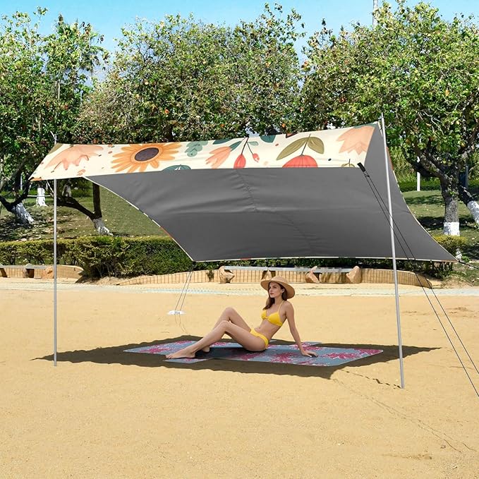 Cute Foxies and Floral Elements Camping Sun Shelter Beach Tent Portable Beach Sun Shade Outdoor Canopy for Camping Trips Fishing Picnic
