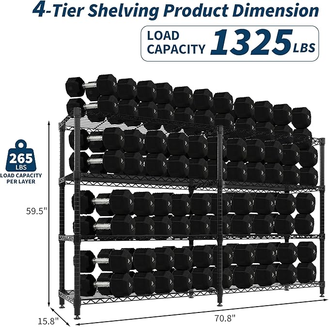 4-Tier Metal Wire Storage Rack for Food Service - Adjustable Industrial Shelving 1060 lbs Capacity Commercial Kitchen Pantry Garage 71 W x 15.7 D x 59.5 H - 4 Floors Width 40