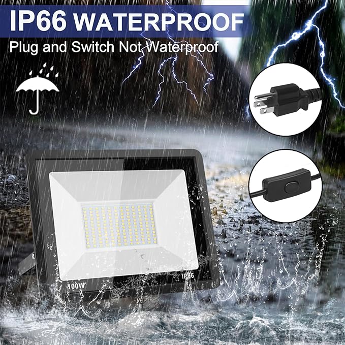 2-Pack 200W LED Flood Light Outdoor 20000LM Bright Plug-in Flood Lights with Switch IP66 Waterproof Exterior Security Lights LED Work Light for Garage Yard Garden Playground Stadium Arena