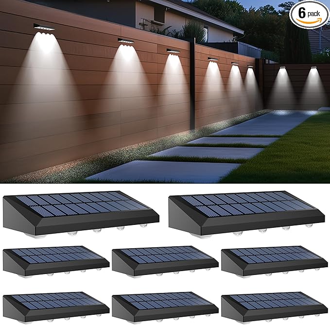 Solar Fence Lights Outdoor Waterproof IP65 8 Pack Fence Lights Solar Powered 60 Lumens Auto On/Off Step Wall Lights Outside Decorations for Yard Porch Patio Stairs Pool Deck Garden-White Light