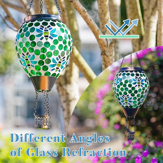 Bee Solar Hot Air Balloon Lantern Outdoor Waterproof Green Mosaic Glass Hanging Solar Lantern Lights Outdoor Hanging Lights for Patio Yard Garden Gift for Mom Grandma Women