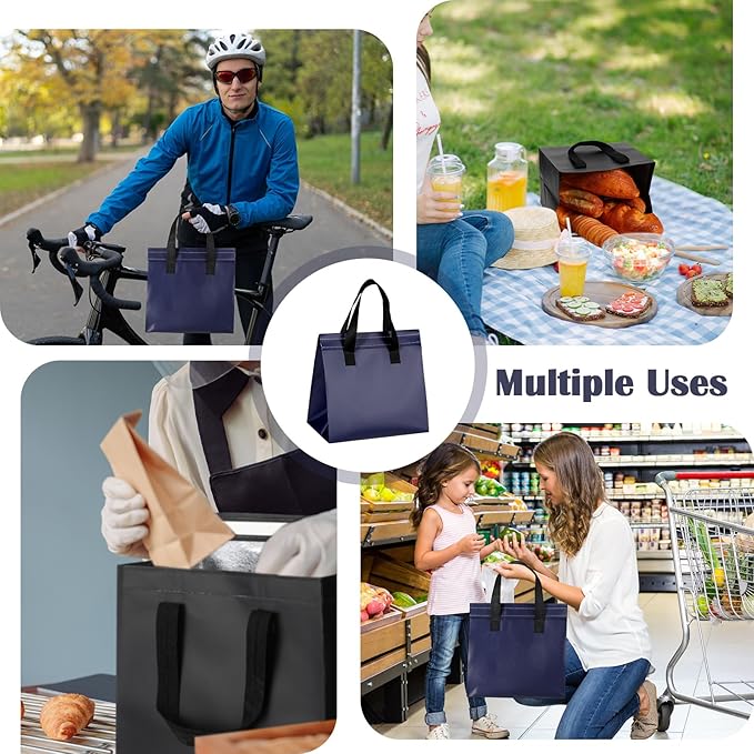 300 Pack Insulated Bags Bulk for Food Delivery 9.5 x 9.5 x 6 Thermal Take Away Bag for Hot Cold Food Coffee Milk Pizza Seafood Disposable Grocery Bag for Catering Restaurant(Navy Blue Black)
