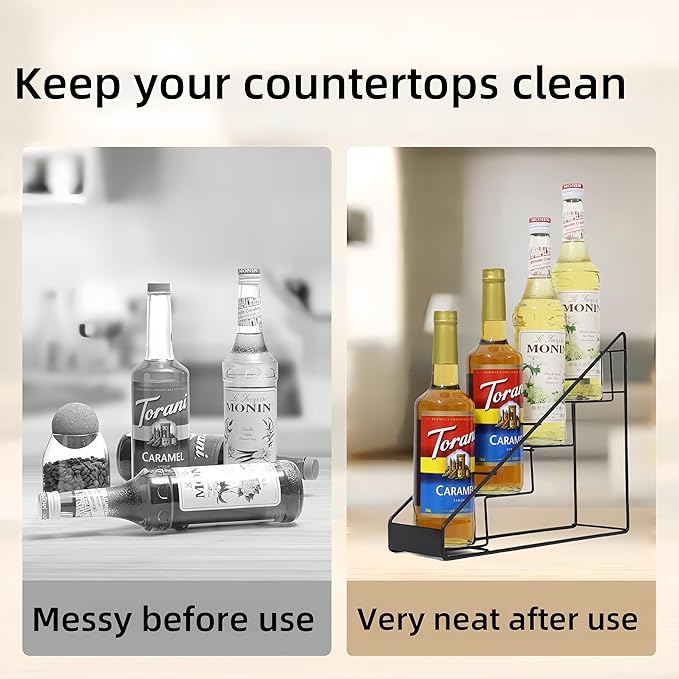 Coffee Syrup Rack &amp Syrup Holder – Loved by 5000+ Coffee Fans! Stepped Rustproof Rack Fits 750ml Torani &amp Monin Bottles Elevate Coffee Bars Kitchens Pubs Restaurants &amp Parties (4 Bot