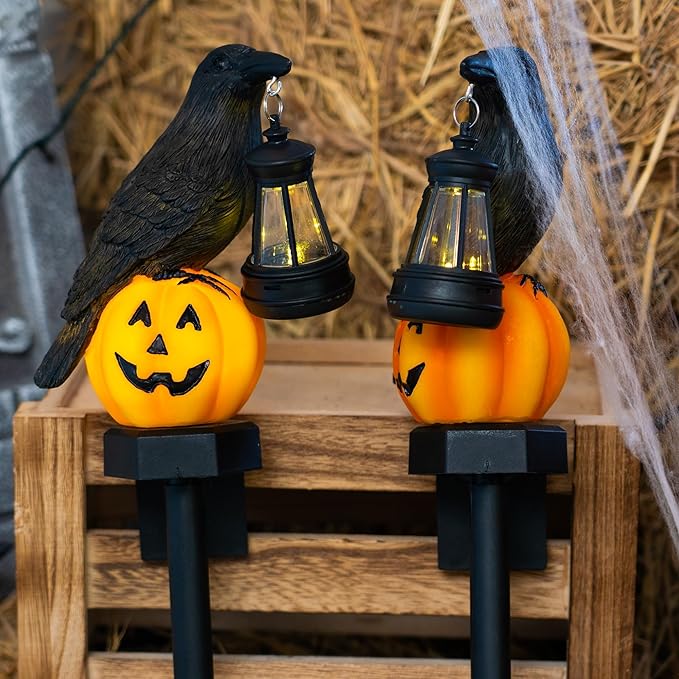 Dazzle Bright 2 Pack Halloween Crow Pathway Lights Outdoor Solar Powered Resin Crow with Pumpkin Walkway Lights Stake Light for Halloween Pathway Garden Lawn Yard Gifts Decoration