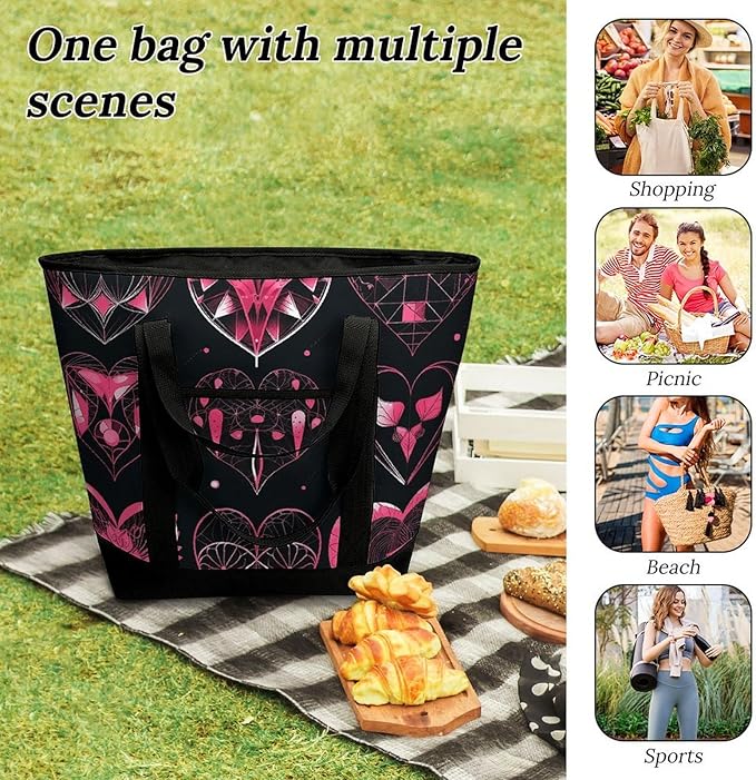 Insulated Shopping BagLarge Reusable Cooler Bags Different Designs of Heart Printed Foldable Shopping BagTravel Waterproof Shoulder Bag