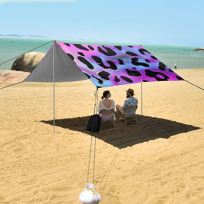 Beach Tent Sun Shelter Purple Laser Leopard Print Lightweight &amp Easy Setup Beach Shade Canopy for Camping Fishing