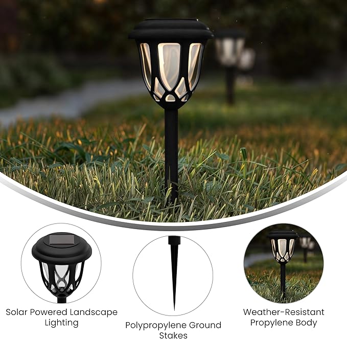 Flash Furniture Hess 8 Pack LED Solar Lights - All-Weather Black Tulip Style Outdoor Solar Powered Lights - Landscape Lighting for Pathway Garden &amp Yard