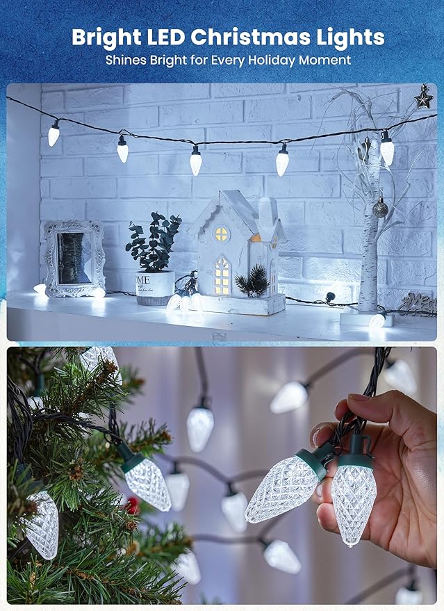 C9 LED Christmas Lights Outdoor 81 Feet 100 LED String Light with Timer &amp 8 Lighting Mode Waterproof Commercial Grade Christmas Tree Lights for Outside Indoor Roofline Patio Pure White|2 Pack