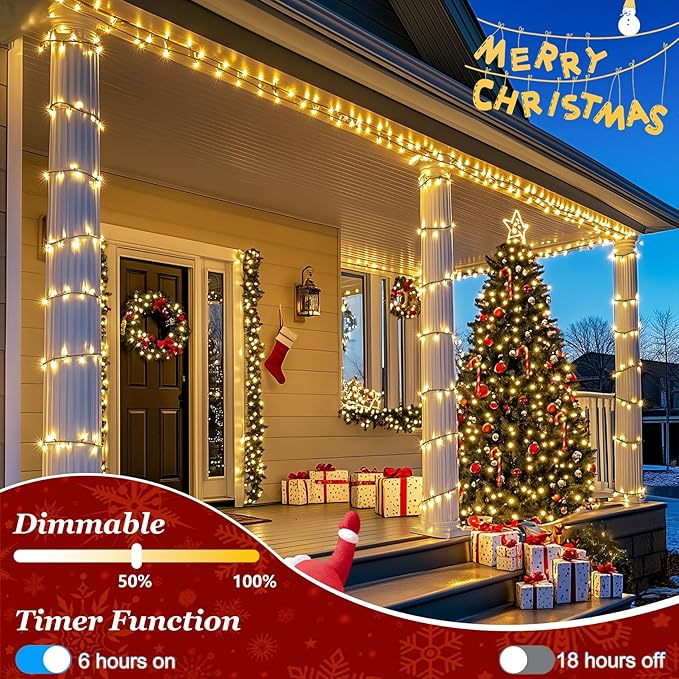 750 LED 240FT Christmas String Lights Outdoor with 12 Lighting Modes Green Wire Christmas Lights with Timer &amp Dimmable Waterproof Plug in Fairy Lights for Room Party Home Patio Xmas Warm White
