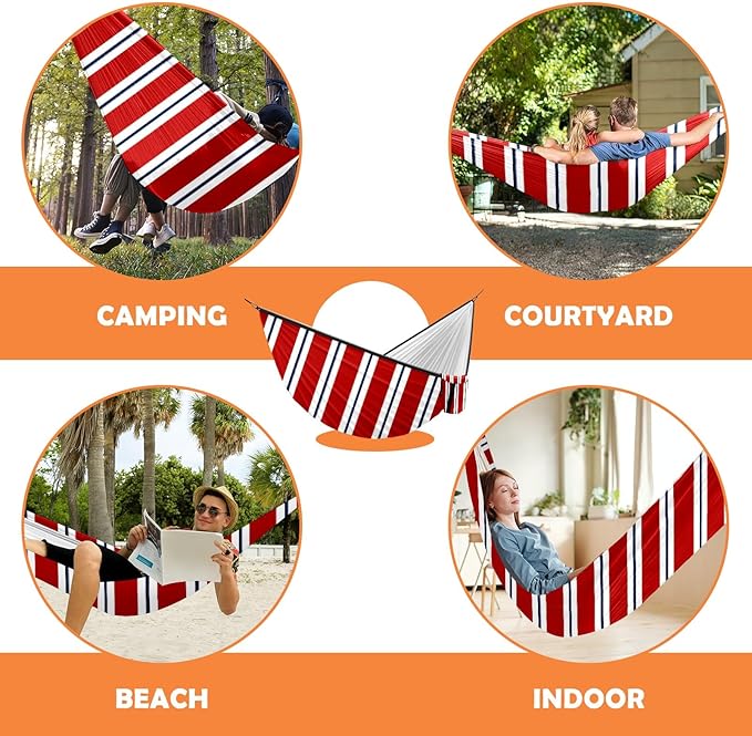 Outdoor Camping Hammock Stripes Red White Double Single Hammocks with 2 Tree Straps Lightweight Portable Heavy Duty Nylon Hammocks for Backpacking Travel Beach Backyard Patio Hiking