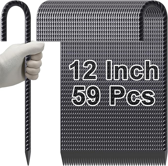 VVOKGO Rebar Stakes 12 Inches J Hook Heavy Duty Chain Link Fence Stakes 59 Pcs Metal Long Tent Spikes Ground Anchors for Wire Fencing Dogs Digging Camping Tents Swings Greenhouse Black