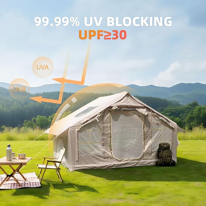 Donext Inflatable Camping Tent 4-Season Glamping Tent with Stove Jack Mesh Windows Easy Setup Windproof Cotton Outdoor Tent with Hand Pump