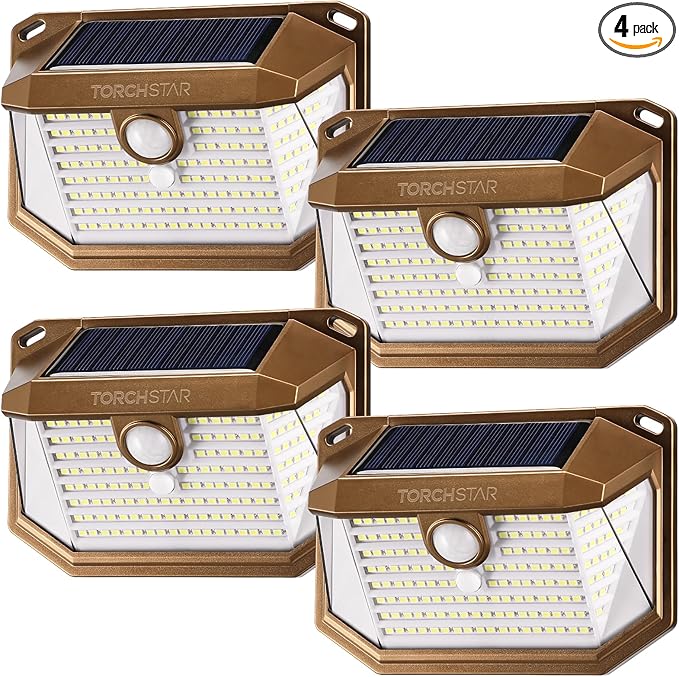 TORCHSTAR Outdoor LED Solar Powered Motion Sensor Light IP65 Waterproof Cordless Outdoor Wall Lighting for Driveway Patio Garage Porch 6500K Pure White Oil Rubbed Bronze Pack of 4
