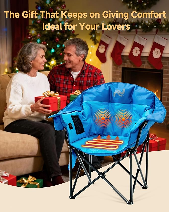 Slsy Oversized Heated Massage Camping Chair with Armrests Portable Padded Folding Chair Heavy-Duty 500 lbs Support for Camping Tailgating &amp Outdoor Relaxation (Marine Blue)