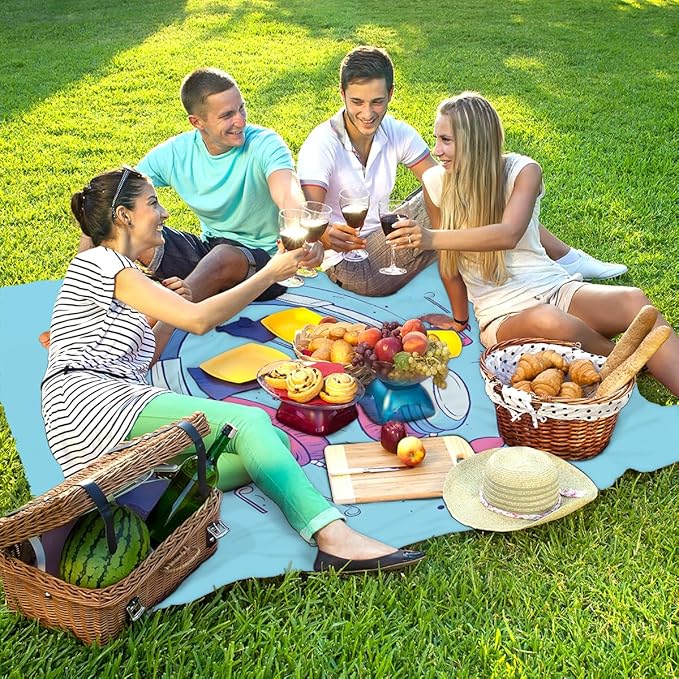 Waterproof Sandproof Beach Blanket 59''×68'' Music Headphones Polyester Outdoor Picnic Blanket with 4 Stakes &amp Storage Bag for BeachCampingVacation Blue