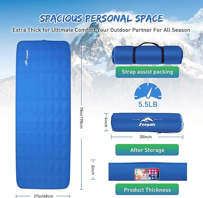 Buheco Sleeping Pad for Camping Self-Inflating 9.5 R Value 3 Ultra-Thick Memory Foam Comfort Plus Camping Mats for Backpacking Travelling &amp Hiking Portable Air Mattress for 4-Season Blue