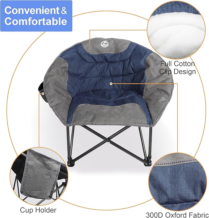 Northroad Folding Compact Camping Moon Chair Outdoor Padded Saucer Round Chair w/Cup Holder Supports up to 300 lbs for Beach Hiking Fishing Picnic LawnBlue