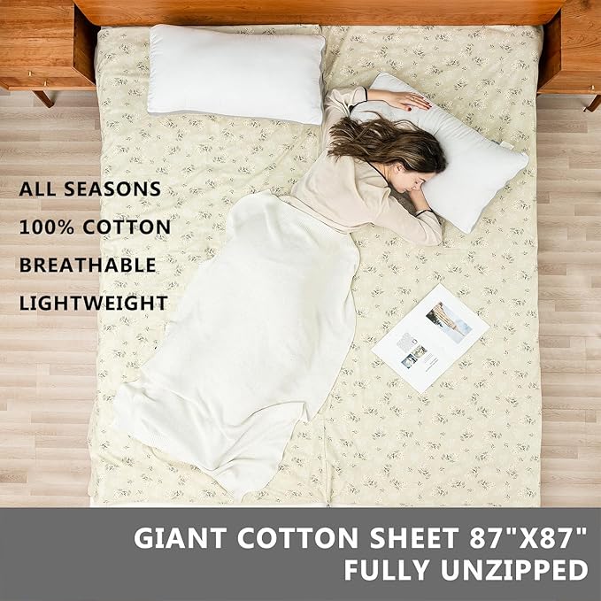 100% Cotton Sleeping Bag Liner with Full Length Zipper on 3 Sides Single/Double Adult Sleep Sack for Travel &amp Camping Multifunctional Travel Sheets (Unzipped 87”x87”) for Hotel Lightweight
