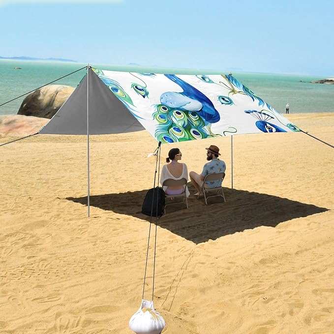 Peacock Seamless Watercolor Pattern Camping Sun Shelter Beach Tent Portable Beach Sun Shade Outdoor Canopy for Camping Trips Fishing Picnic