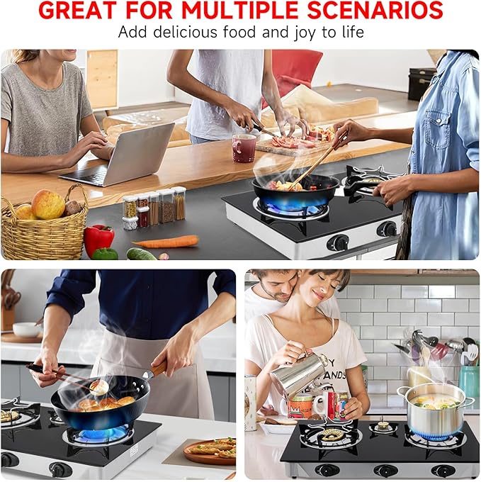 Propane Gas Cooktop3 Burners Gas Stove portable 0.28Tempered Glass Auto Ignition Camping 3 Burner LPG for RVApartmentsOutdoor