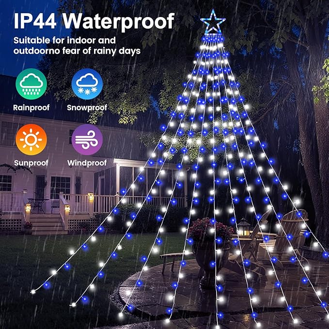 Christmas Decorations Outdoor11.5 ft 317 LED Star Christmas Tree Lights8 Memory Lighting Modes&ampTimer Star Light for YardWeddingParty Decorations(Blue+White)