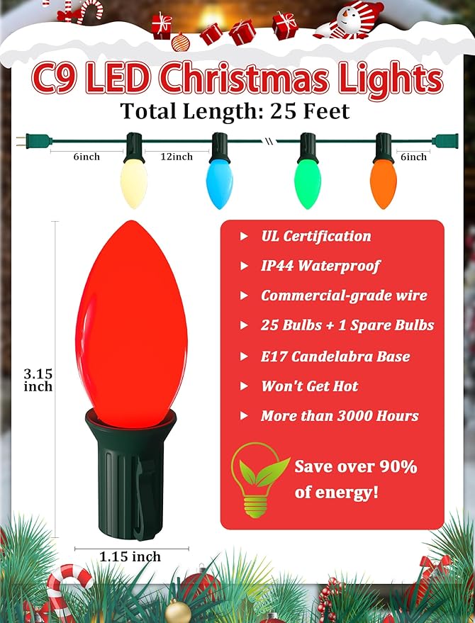 C9 LED Christmas String Lights 25FT Vintage String Lights with 27 C9 Multicolor Ceramic LED Bulbs Outdoor Hanging Christmas Lights for Xmas Tree Patio Party Roofline Decor - Green Wire
