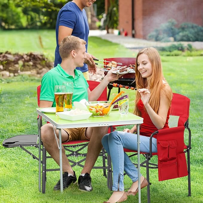 Folding Camping Directors Chair Portable Foldable Outdoor Chair with Built-in Cup Holder Side Table Storage Pocket for Beach Tailgating Fishing Trip Picnic Concert Red