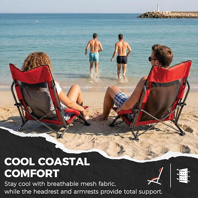 Beach Chair High Back Support Portable Folding Chair for Adults with Head Pillow Shoulder Straps for CampingConcertPicnicSports Events