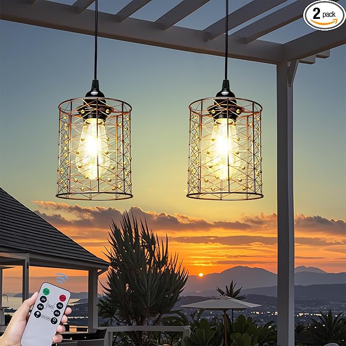 Battery Operated Hanging Outdoor Chandelier Battery Power 5′′×6′′ Pendant Light Gazebo Lights Outdoor 4 AA Batteries for Gazebo Pergola Porch Patio Indoor Outdoor Decor Lighting (2)