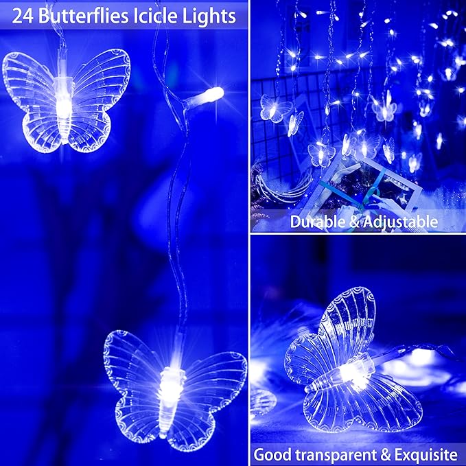 Blue Butterfly Curtain Fairy Lights USB Plug in120 LED 8 Modes 20FT Firefly Twinkle Icicle String Lights with Remote Timer Waterproof for Bedroom Christmas Wedding Party Dorm Decor