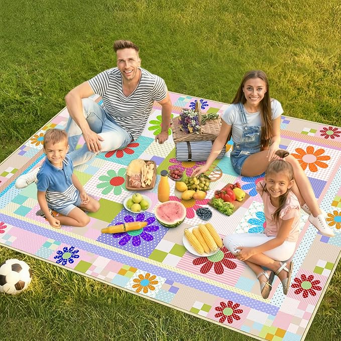 Daisy Picnic Blankets Waterproof Foldable 60″X80″ Packable Picnic Mat Sunflower Outdoor Blanket for Grass Large Beach Blanket Sandproof Picnic Accessories for Camping Music Festival Park Lawn Travel