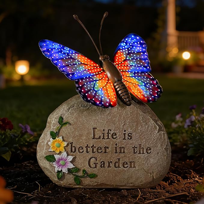 Solar LED Butterfly Garden Statue with Sparkling Light-Up Wings - Outdoor Yard Patio Decor Figurine for Women Mom Grandma (Orange)