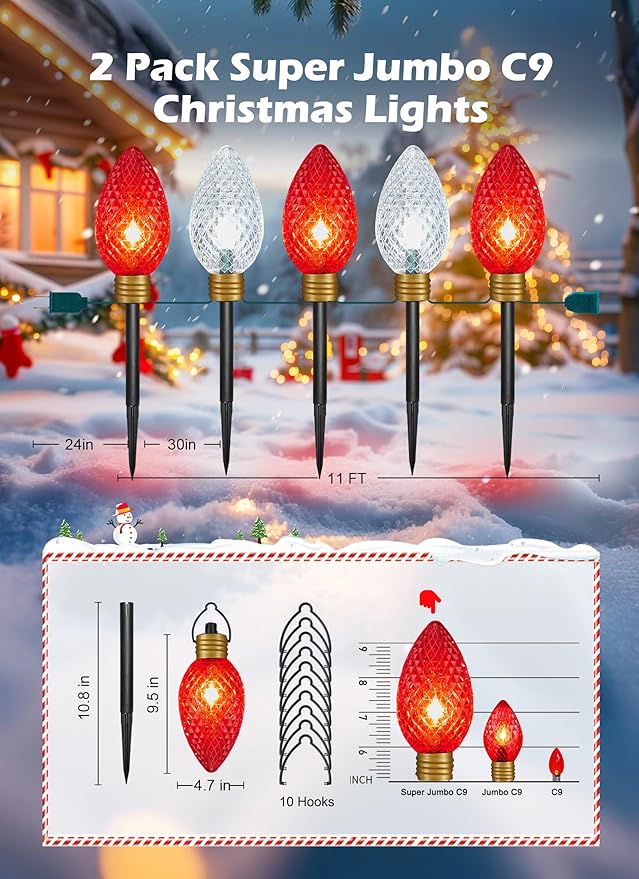 Brightown Super Jumbo C9 Christmas Pathway Lights Outdoor - 2 Pack Total 22FT 10 LED Strawberry Jumbo C9 Pathway Light Giant Christmas Lights Outdoor Decorations for Lawn Outside Red &amp Pure Whit
