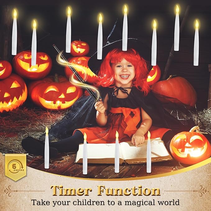 Halloween Decorations - Floating Candles with Wand &amp 6-Hour Timer - Flameless LED Hanging Candles with Clip Battery Operated Window Taper Candle for Indoor/Outdoor Halloween &amp Holiday Decor 1