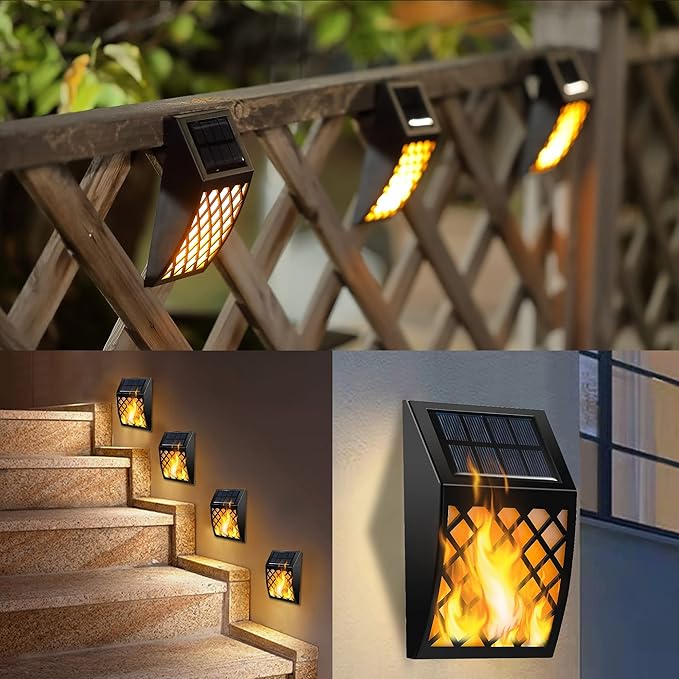 Dynaming Solar Flame Wall Lights Outdoor 8 Pack Solar Powered Wall Lights Flickering Flame Auto On/Off Wall Mounted Fence Deck Lights Lattice Decorative for Garage Garden Pathway Patio Porch Yard