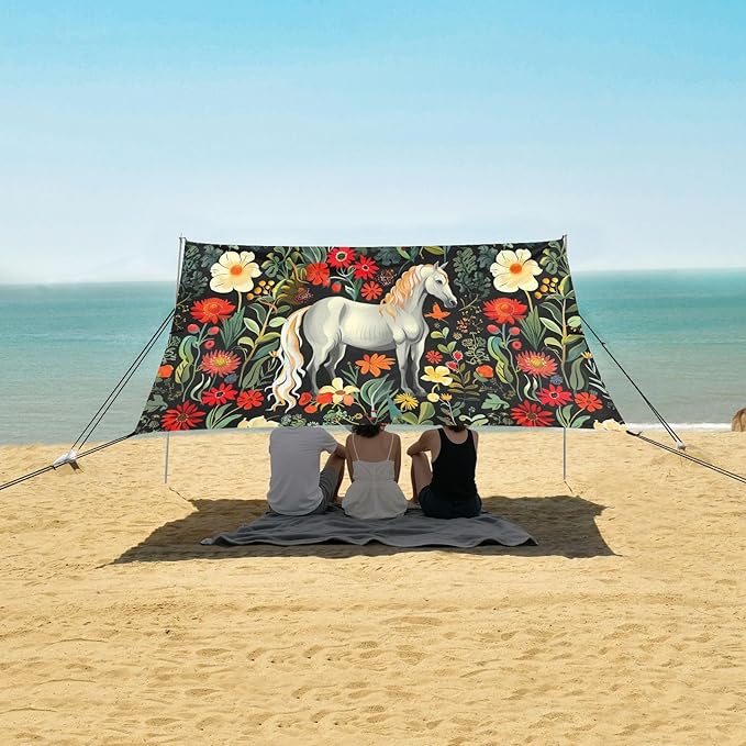 Horses in Flower Beach Tent Sun Shelter 9.2' x 10.5' Beach Canopy with 4 Sandbags 4 Stability Poles Sand Shovels - Tent Canopy for Beach Camping Fishing Picnics