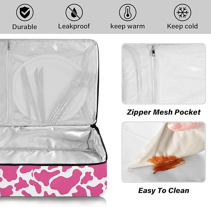 Casserole Carrier Pinkish and White Cow Print PatternInsulated Casserole Carrier for Hot or Cold Food Thermal Lunch Tote for Potluck Parties Picnic Beach Fits 9 x 13 Inches Baking Dish