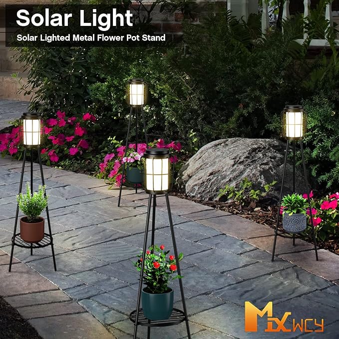 MXwcy 2 Pack Solar Lights Outdoor with Plant Stands - Solar Floor Lamp &amp Street Lights with Metal Tripod - Patio Decor for Garden Yard Pathway Driveway Porch