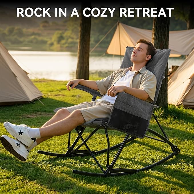 Oversized Rocking Camping Chair Folding Rocking Chair with High Back Padded Outdoor Rocking Chair Heavy Duty Portable Rocker Chair for Camping Lawn and Patio Supports Up to 400 lbs Grey