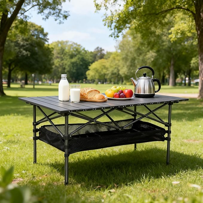 Folding Camping Table Portable Aluminum Picnic Table with Carry Bag Adjustable Height Outdoor BBQ Tailgate Table Lightweight Roll-Up Beach Table