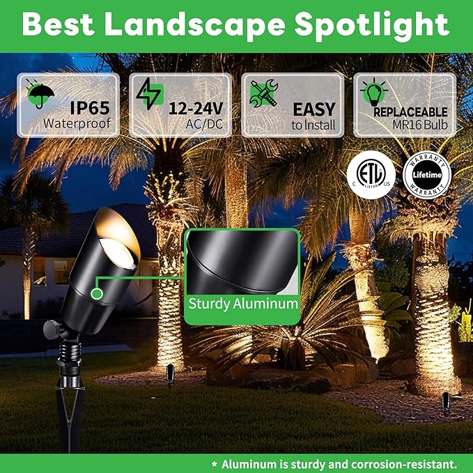 Outdoor Low Voltage Lighting Kit with 12 Pack Black LED Landscape Spotlight and 200W Transformer and 250FT Cable and 40 Wire Connectors Waterproof Aluminum Fixture for Lawn Yard Home