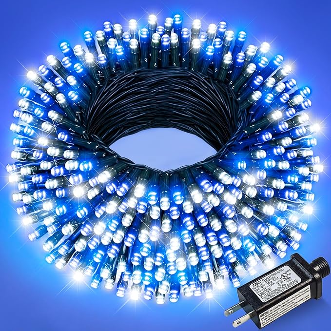 Blue and White Christmas Lights Outdoor 100FT 300 LED Christmas Tree Lights with 8 Modes Waterproof Connectable Green Wire String Twinkle Lights for Indoor Patio Garden Xmas Party Decorations