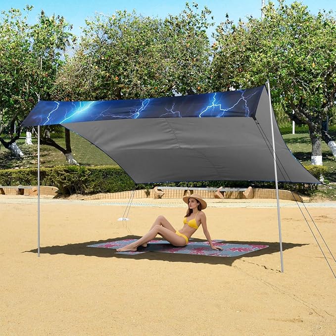 Blue Lightning Beach Tent Sun Shelter 9.2' x 10.5' Beach Canopy with 4 Sandbags 4 Stability Poles Sand Shovels - Tent Canopy for Beach Camping Fishing Picnics