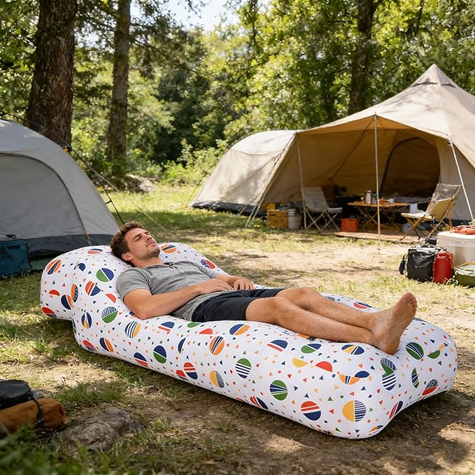 Inflatable CouchAir Sofa with Sun-Shade DesignBuilt-in StorageRipstop Polyester&ampStability PegsPortable Air Lounger for BeachCampingEasy to Carry2 Inflation Ways(Included Pump)Pebble Gray