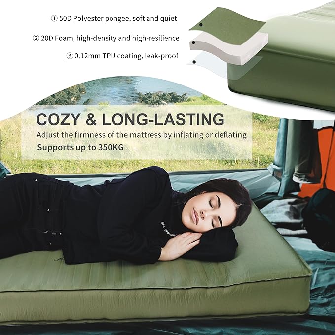 Origem Self Inflating Sleeping Pad with Electric Pump 4 Ultra-Thick Memory Foam Camping Mattress Foam Campinging Mat for Tent CampingTraveling and Car Easy to Inflate and Deflate (Green)